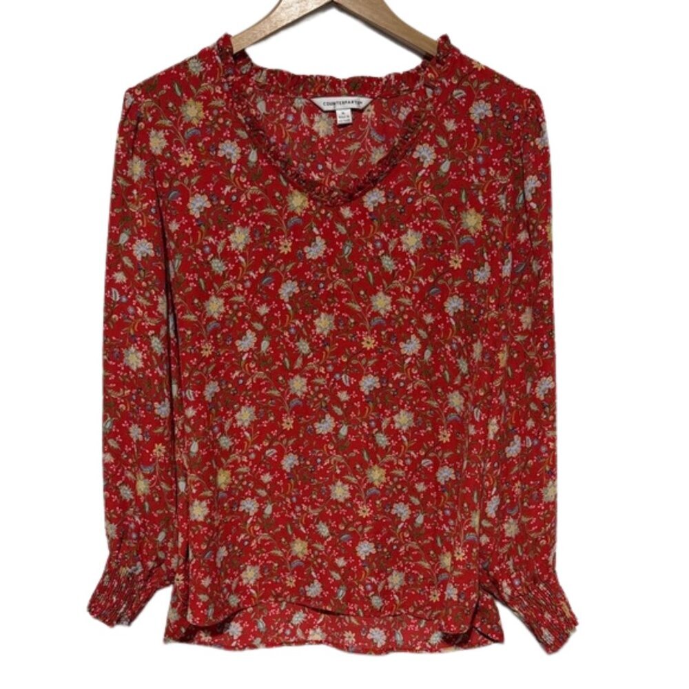 Red Floral Smocked Cuff Blouse XL Long Sleeve Boho Cottagecore Lightweight